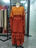 Africa Plus Size Contrast Color Round Neck Ruffle Fashion Two-Piece Dress Set