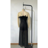 Autumn Winter Fashion Chic Feather Sequin Slim Strapless Party Long Jumpsuit