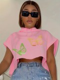 Casual Women's Street Print Contrast Color Short Loose Hooded T-Shirt