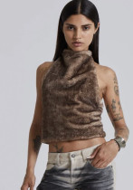 American Retro Fur Halter Neck Low Back Vest