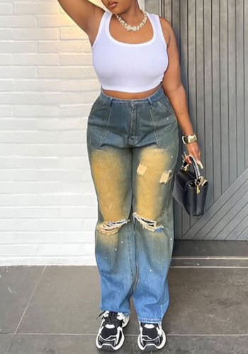 Women's Street Wear Ripped Washed And Distressed Straight Denim Pants