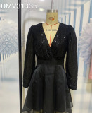 Deep V Sexy Sweet Sequin Patchwork Mesh Long Sleeve Short A-Line Party Dress