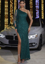 Autumn Winter Fashion Sexy One Shoulder Long Sleeve Sequin Formal Party Long Evening Dress