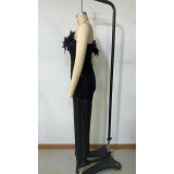 Autumn Winter Fashion Chic Feather Sequin Slim Strapless Party Long Jumpsuit