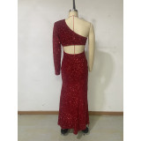 Long Sleeve Dress Skirt Feminine Chic Sequin Tassel Sexy Low Back Evening Dress