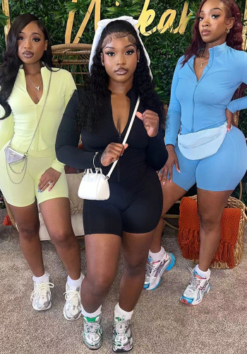 Women's Autumn Sports Casual Tight Fitting Slim Waist Solid Color Long-Sleeved Top Shorts Two-Piece Suit For Women