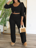 Women Soild long-sleeved Top and trousers Two Piece Set
