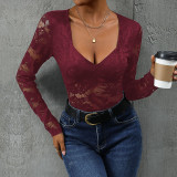 Women Square Neck Lace Patchwork Sexy Long Sleeve Bodysuit