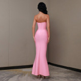 Women pink Soild Strapless Sleeveless beaded party bandage dress