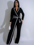 Women autumn and winter belt contrast color long-sleeved Jumpsuit