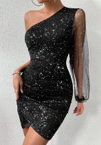 Women Slash Shoulder Sequined Mesh Long Sleeve Dress