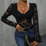 Women Square Neck Lace Patchwork Sexy Long Sleeve Bodysuit