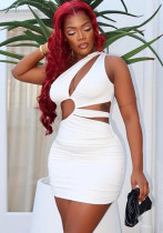 Women Casual Hollow Elegant Soild Sleeveless Slash Shoulder Bodycon Dress