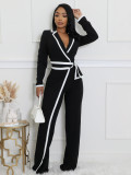 Women autumn and winter belt contrast color long-sleeved Jumpsuit