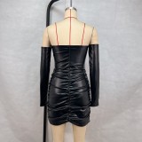 Women Spring and Summer Sexy Off Shoulder Pleats Pu-Leather Strapless Bodycon Dress