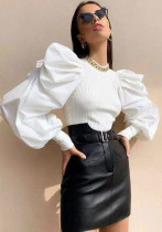 Autumn Women's Lantern Sleeve Patchwork Slim Top Autumn Women's Lantern Sleeve Patchwork Slim Top