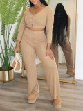 Women Soild long-sleeved Top and trousers Two Piece Set