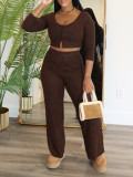Women Soild long-sleeved Top and trousers Two Piece Set