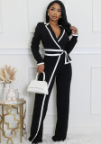 Women autumn and winter belt contrast color long-sleeved Jumpsuit
