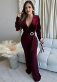 Women sexy v-neck long-sleeved Beaded wide-leg Jumpsuit