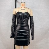 Women Spring and Summer Sexy Off Shoulder Pleats Pu-Leather Strapless Bodycon Dress