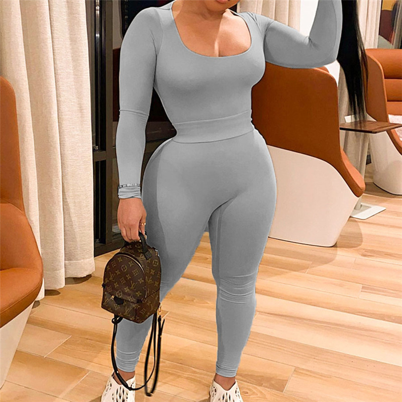 Women Soild Women Long-Sleeved Top and Casual Sports Pants Two Piece Set