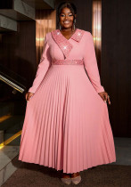 Women pink sequined v-neck pleated party dress