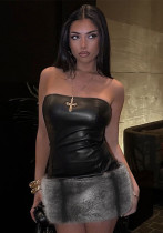Women sexy Strapless Pu-Leather patchwork fur dress