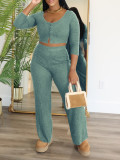 Women Soild long-sleeved Top and trousers Two Piece Set