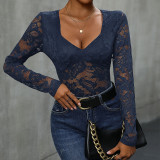 Women Square Neck Lace Patchwork Sexy Long Sleeve Bodysuit