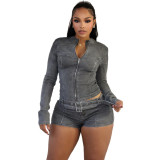 Women long sleeve Top and Denim shorts belt Two Piece Set