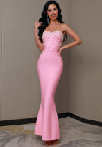 Women pink Soild Strapless Sleeveless beaded party bandage dress