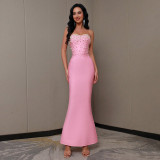 Women pink Soild Strapless Sleeveless beaded party bandage dress