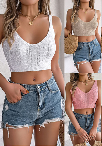 Women Spring/Summer Soild V-Neck Twisted Crop Top