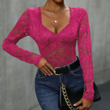 Women Square Neck Lace Patchwork Sexy Long Sleeve Bodysuit