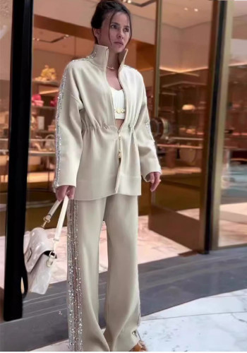 Autumn Fashion Drawstring Slim Waist Top Wide Leg Trousers Two-Piece Set