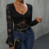 Women Square Neck Lace Patchwork Sexy Long Sleeve Bodysuit