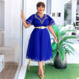 Plus Size African Women V-neck Bodycon Beaded Dress With Belt
