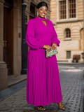 Women hollow Stand Collar lantern sleeve pleated Dress