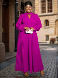 Women hollow Stand Collar lantern sleeve pleated Dress