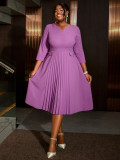 Plus Size Women elegant Soild pleated dress