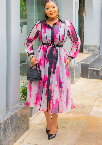 Women's Fashion Contrast Color Turndown Collar Elegant Shirt Dress