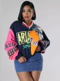 Women's Casual Fashion Patchwork Contrast Color Letter Printed Loose V-Neck Top