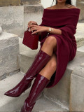 Burgunry Off-Shoulder Slim Long-Sleeved Knitting Long Dress