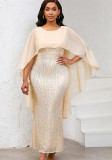 Women's Spring Fashion Chiffon Cape Sequin Bodycon Long Formal Party Dress
