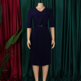 Plus Size Women's Summer Fashion Solid Color Elegant V Neck Pleated African Dress