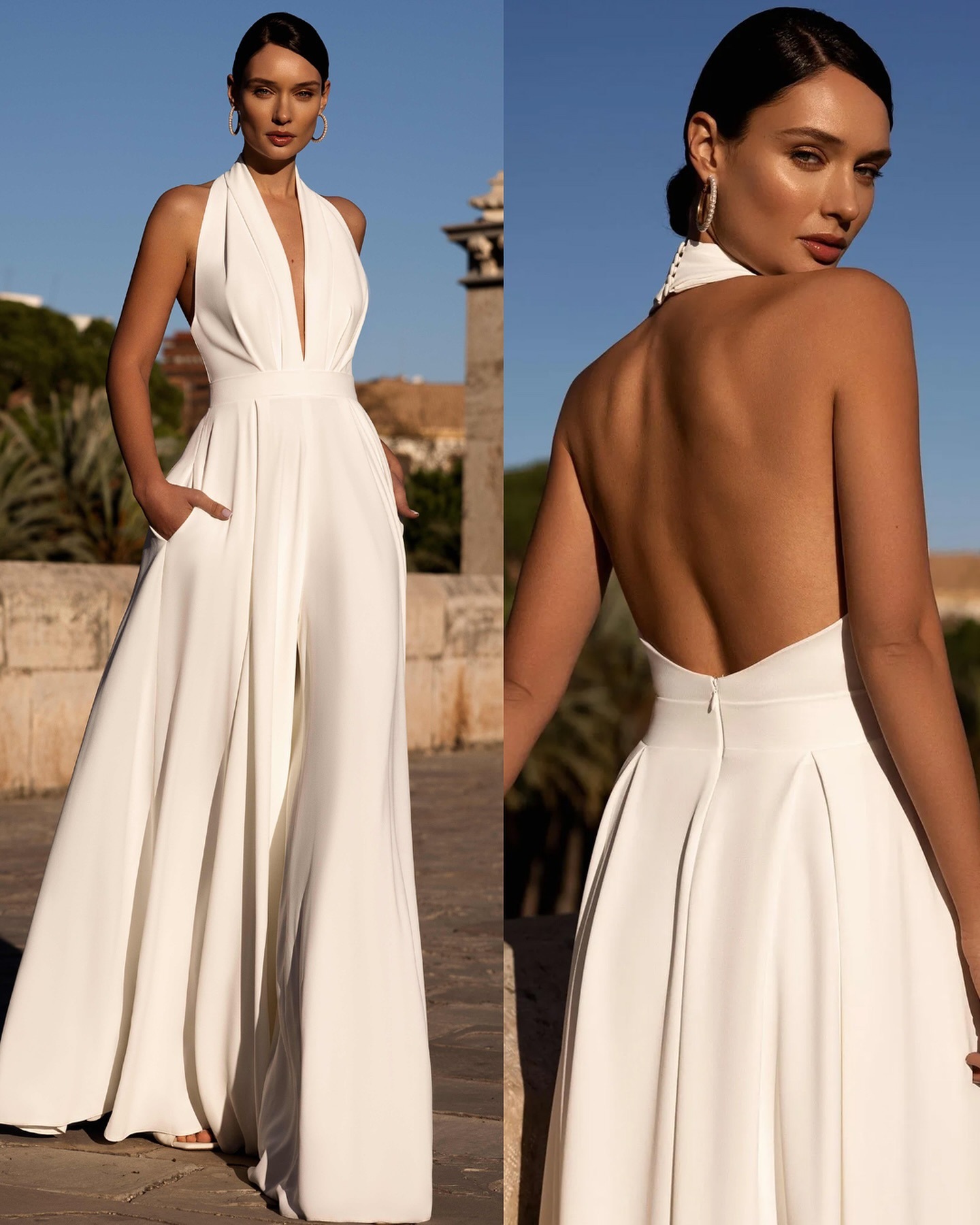 Spring Women's Sleeveless Halter Neck Solid Color V-Neck Wide Leg Jumpsuit