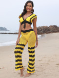 Women's Contrast Color Sexy Deep V Lace-Up Top Micro Bell Bottom Pants Beach Two-Piece Set