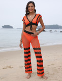 Women's Contrast Color Sexy Deep V Lace-Up Top Micro Bell Bottom Pants Beach Two-Piece Set