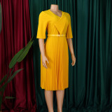 Plus Size Women's Summer Fashion Solid Color Elegant V Neck Pleated African Dress